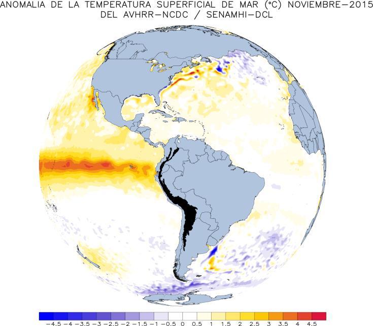 Anomalías positivas (cálidas) también estuvieron presentes en gran parte de la mitad oriental de la cuenca del Pacífico en el hemisferio norte.