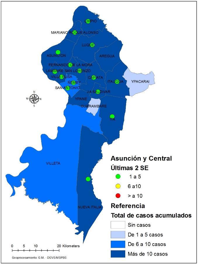 La mayoría de los casos sospechosos fueron oriundos de los departamentos de Central (53%), Asunción