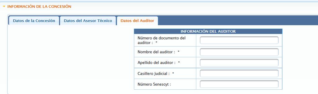 Datos del Auditor.- Ingresar la información requerida (*) por el SGM Número de documento del auditor: Ingresar el número del documento de identidad del auditor.