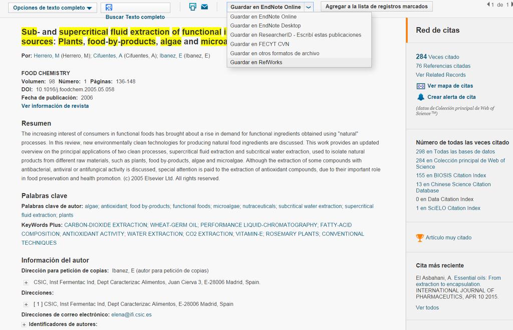 21 Registro Completo Red de citas y las referencias citadas Enlace para buscar el texto completo en Google Scholar Opciones de exportación y guardar al CVN de Fecyt.