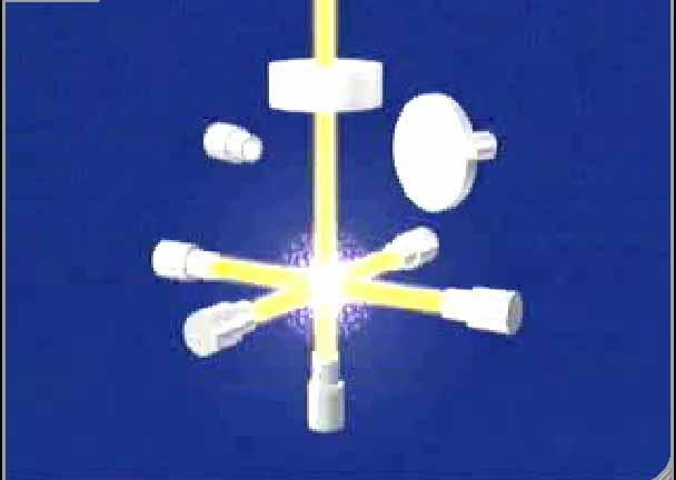 Principio de operación de un reloj de fuente atómica Seis haces de luz infraroja especialmente acondicionada asistida por una campo