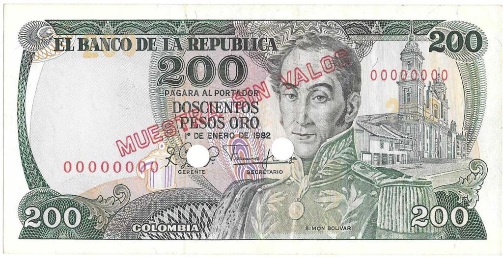46. BILLETE ESPECIMEN, 200 PESOS CAFETERO, 1982 $100.