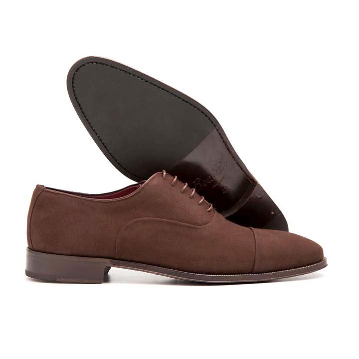 CORSO Zapato de ante marrón rojizo, con forro vacuno cosido a mano color purpura, piso cuero con capa exterior