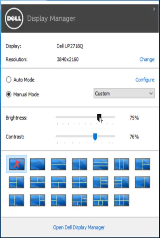 Uso del diálogo de configuración rápida Al hacer clic en el icono de la bandeja de notificaciones de Dell Display Manager se abre el diálogo de configuración rápida.