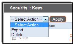Para eliminar una o más claves privadas, marque el cuadro para cada clave deseada, seleccione Eliminar en el menú desplegable de la parte superior de la tabla y, a continuación, haga clic en Aplicar.