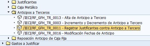 Manual de Usuari Pryect SEFLgiC Módul EACP Habilitads Registrar justificantes cntra anticip a tercer (/IECI/RF_GFH_TR_0011) Descripción de la Transacción: Esta transacción permite registrar facturas