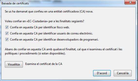 CATCert: idcat (ec-idcat / ec_ciutadania (1*)); T-CAT (ur_csrs / ec_sectorpublic (2*)) i el certificat arrel de CATCert (acc).