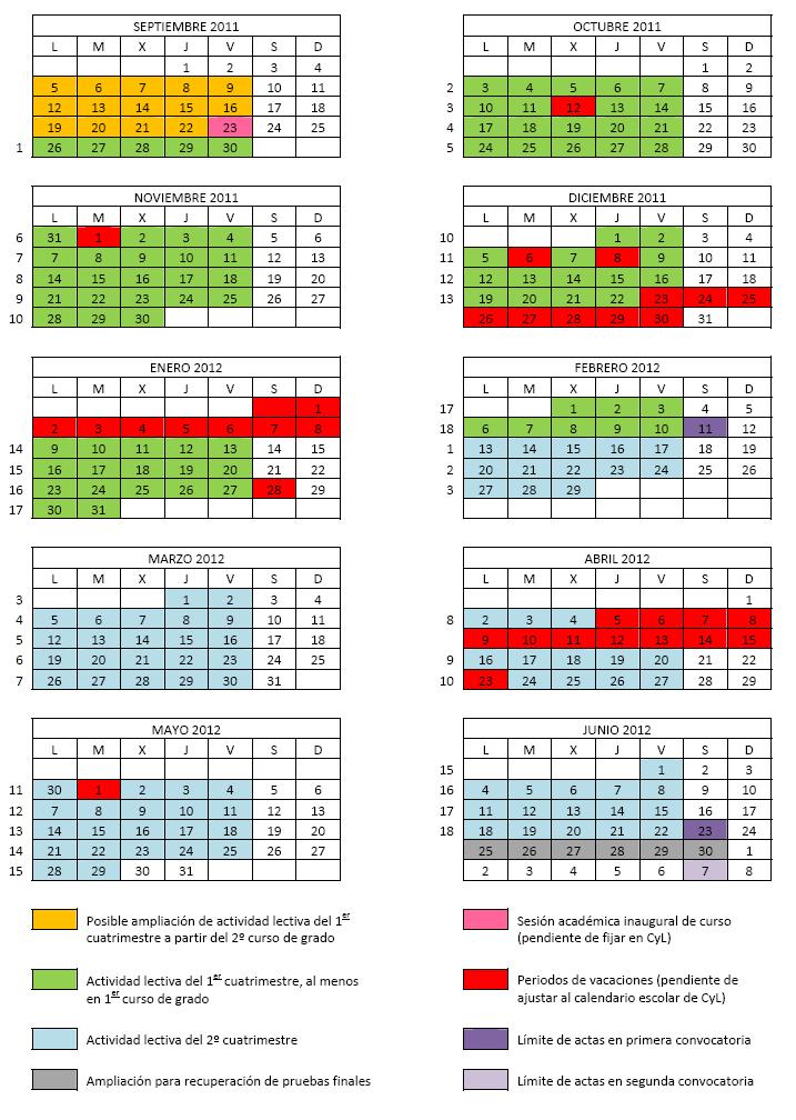 Calendario Académico Grados (Aprobado por el Consejo de Gobierno en su sesión de 31 de marzo de 2011, modificado en el Consejo de Gobierno de 26 de mayo de 2011, y por la Junta de la Facultad de