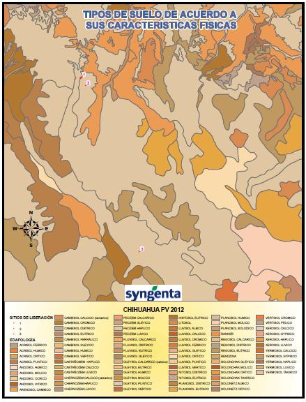 Figura 19 Mapa de las diferentes tipos de suelo según clasificación por sus propiedades físicas que se encuentran en Chihuahua y en particular en el polígono de liberación y sitios de liberación.