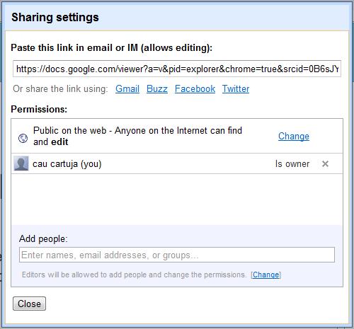 Hacemos clic en Share (Indicado por la flecha roja en la imagen 2.5.1) y luego en Sharing settings para acceder al menú de permisos.
