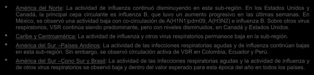 En México, se observó una actividad baja con co-circulación de A(H1N1)pdm09, A(H3N2) e influenza B.