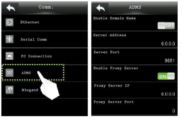 13 Funcionamiento del Dispositivo Configuración ADMS Presione el icono para ingresar al menú principal, >> Comunicación >> ADMS.