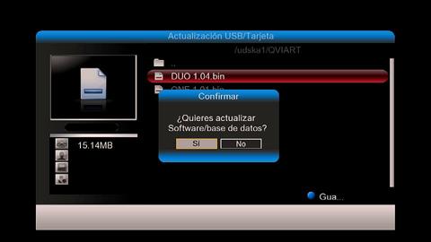Se nos mostrarán los ficheros contenidos dentro del pendrive USB. En ese ejemplo podemos ver el fichero "DUO 1.04.bin" seleccionado.