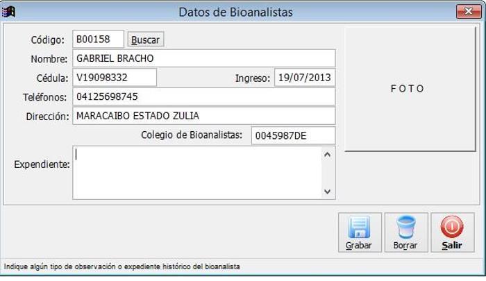 Registro de Bioanalista Registros del Bioanalistas para consultas y asignación de resultados.
