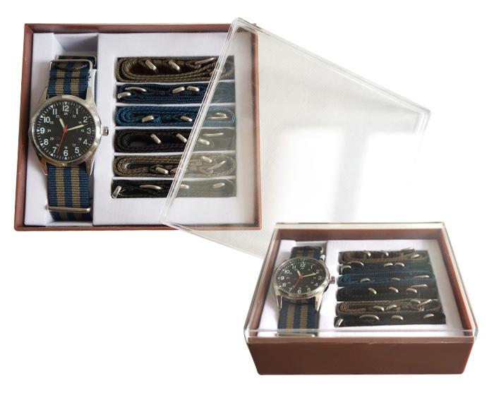 deluxe Reloj para caballero con 7 correas intercambiables de tela, en colores y texturas variadas.