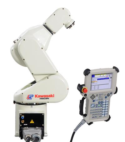 Robot manipulador y de montaje industrial RS03N, inclusive una unidad de control independiente E70, una unidad manual de servicio Teach Pendant, juego de cables y un extenso paquete de software.