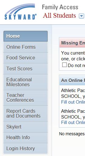After logging into Family Access, click the tab on the left side. Then choose the student to schedule a conference for from the drop down menu at the top next to All Students.