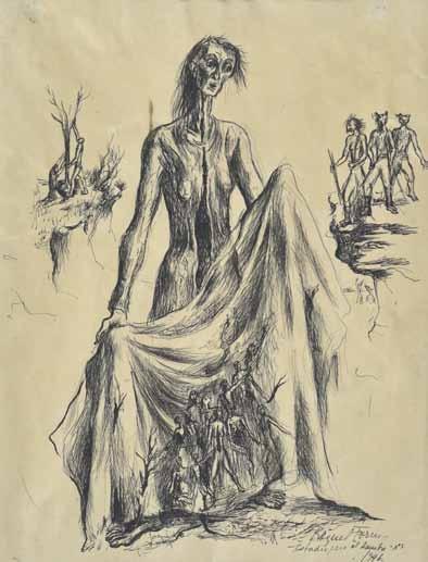 : Esta tinta es un estudio para la obra El Hambre (1946), realizada en óleo y publicada en Colectivo y Singular - Obras con Historia de Galería Daniel Maman, pág. 21.
