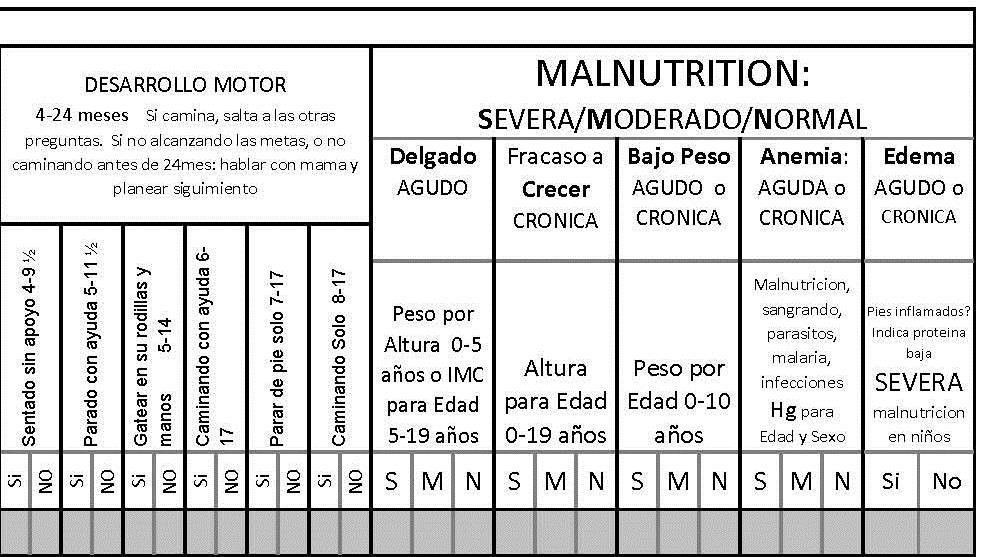 Anote en la sección de desnutrición y destrezas motoras tal como están en la forma de registro.