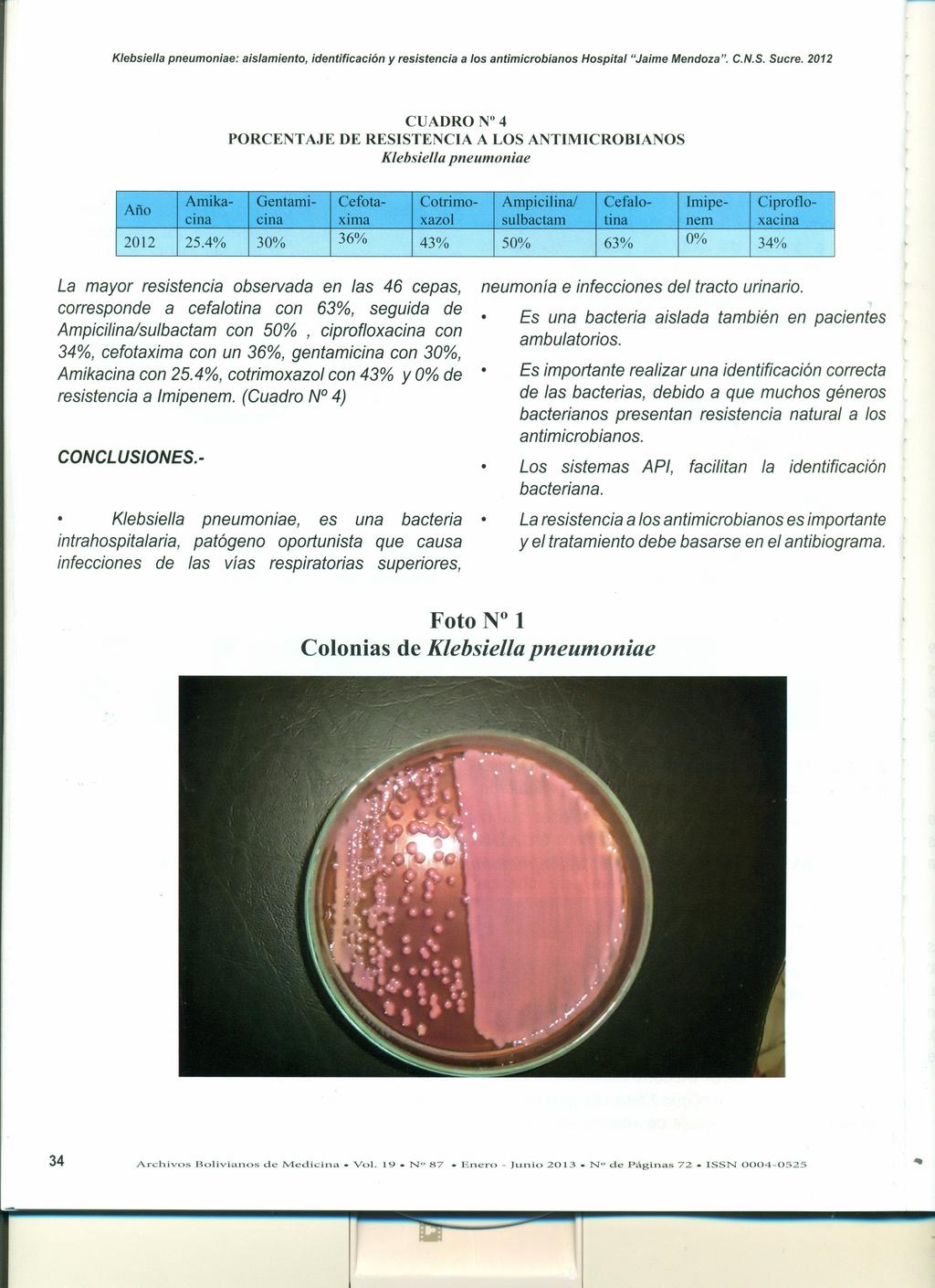 Klebsiella pneumoniae: aislamiento, identificación y resistencia a los antimicrobianos Hospital "Jaime Mendoza". C.N.S. Sucre.