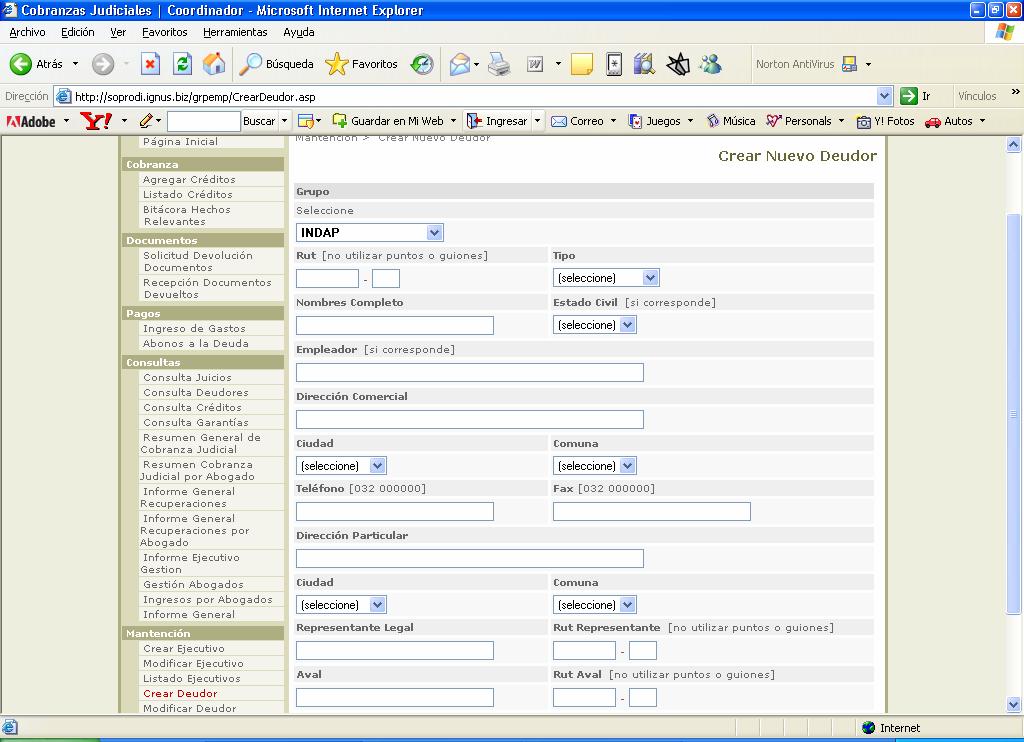 Crear Deudor Al hacer click en Crear Deudor, la aplicación muestra un formulario que permite ingresar los datos de un nuevo deudor al sistema.