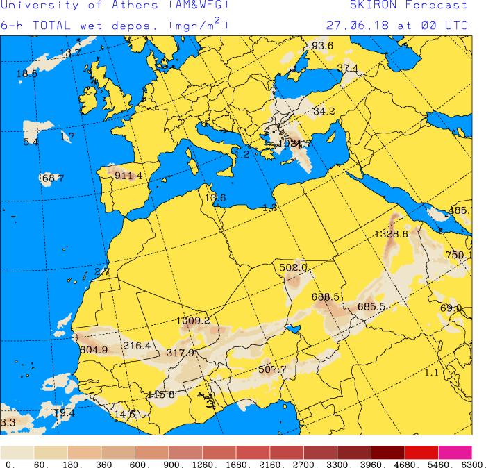 Depósito húmedo de polvo (mg/m 2 ) predicho por el modelo SKIRON para el día 27 de junio de 2018 a las 00 UTC (izquierda) y a las 18 UTC (derecha).
