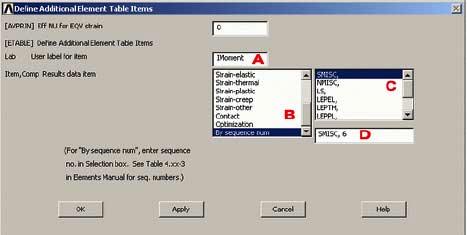 Para obtener los datos de momentos de flexión selecciona selecciona Add General Postproc > Element Table > Define Table En la ventana Define Additioanal Element Table, selecciona la caja User label