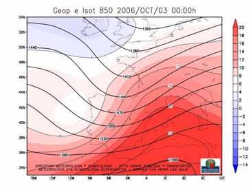 Figura 6.3. Geopotencial e isotermas a 850 hpa.