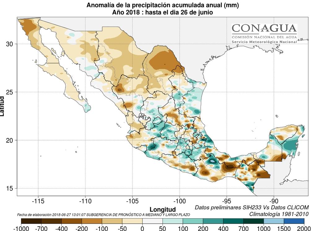 Precipitación y su anomalía registrada acumulada en lo que va del año 2018 en mm Temperaturas: análisis y pronóstico (mapas de modelos numéricos) (por localidad). T. Máx. en C: 45.
