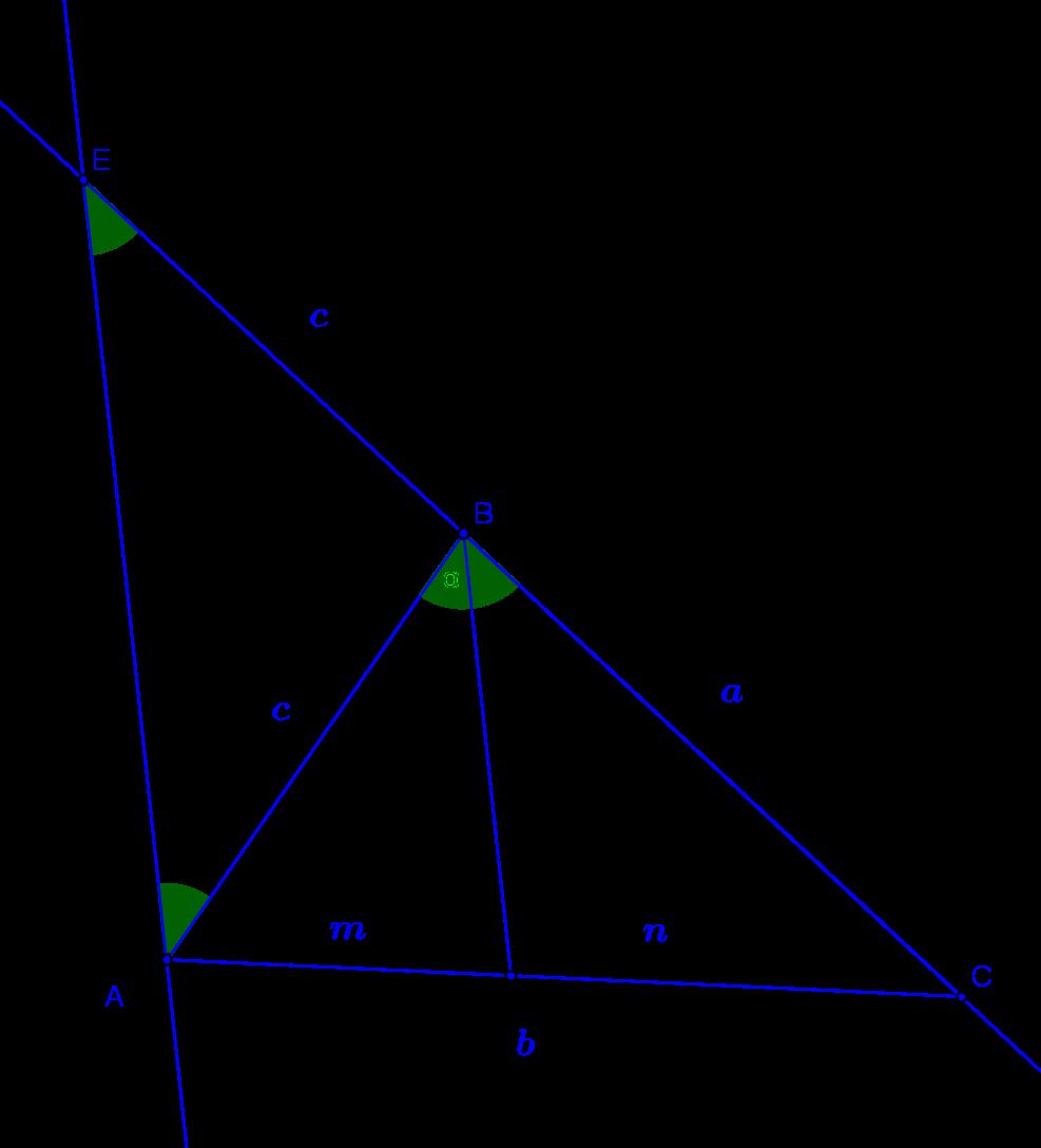 1. TEOREMA DE LA BISECTRIZ INTERIOR: Sea ABC un triángulo cualquiera, trazamos la bisectriz del ángulo B. Desde el vértice A trazamos una recta paralela a la bisectriz.