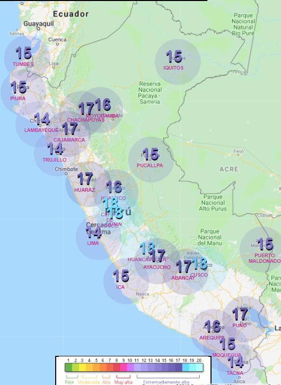 Radiación extrema 18 UV se presentará mañana en regiones Cusco, Huancavelica, Huánuco y Pasco El SENAMHI pronosticó para mañana lunes 05 de marzo la presencia de una radiación ultravioleta
