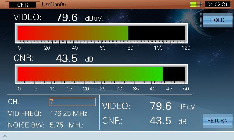 DTVLINK-2/3 Manual de usuario 3.6 CNR --- TV analógica La interfaz de medición de CNR se muestra en la figura 3-38. Figura 3-38 3.6.1 Parámetro CH, Mostrar el número de canal del canal actual.