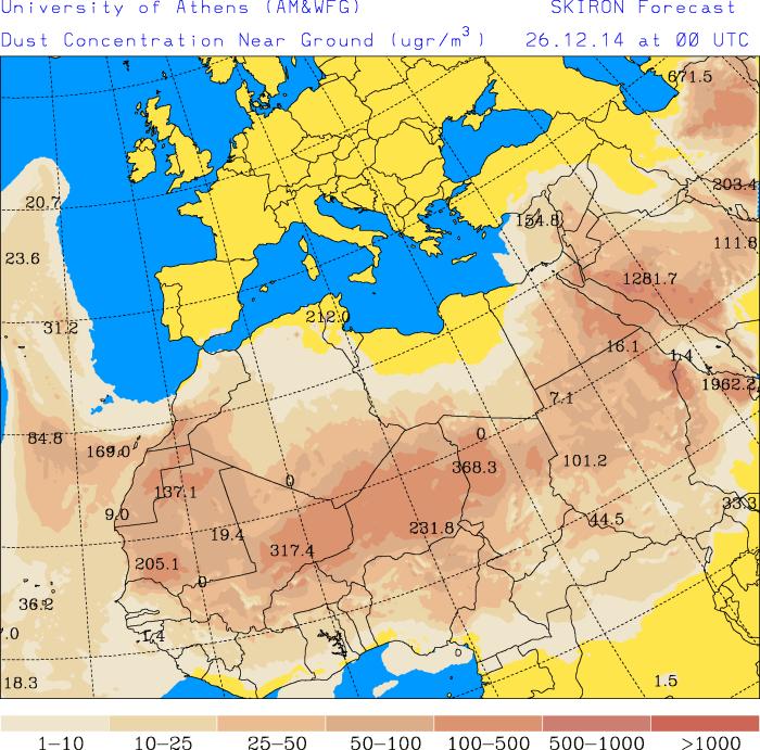 El modelo SKIRON prevé también la presencia de masas de aire africano sobre el archipiélago Canario durante los días 25 y 26 de diciembre, estimando concentraciones de polvo en el rango 50-500 µg/m 3