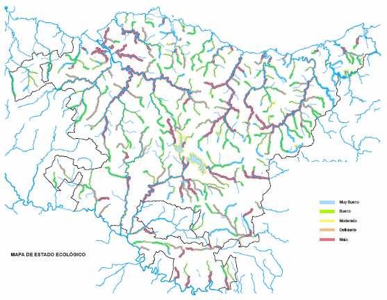 Gráfico 25. Estado ecológico de los ríos de la CAPV, 2002 Muy bueno Bueno Moderado Deficiente Malo Fuente: Gobierno Vasco (2002): Caracterización de las Masas de Agua Superficiales de la CAPV.