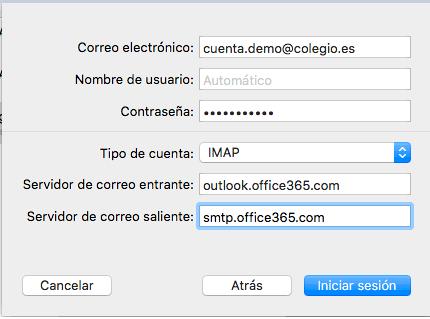 según la tabla siguiente: Configuración IMAP o POP. Nombre de servidor: outlook.office365.