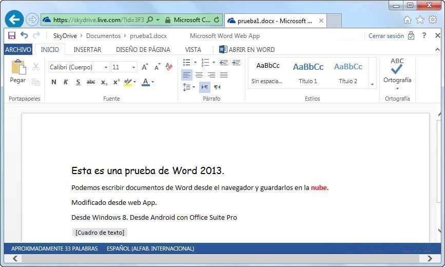 Si elegimos Documento de Word, se abrirá Web Word App y nos presentará un documento en blanco de Word. La pantalla de Web Word App tiene el siguiente aspecto.