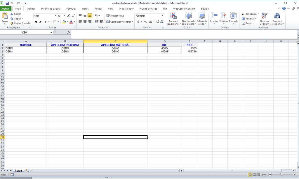 La plantilla para generar los registros mediante Excel es la siguiente: Se encuentra