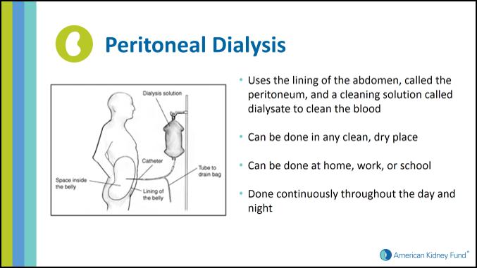 La diálisis peritoneal es otro método de diálisis. Este usa el revestimiento del abdomen (área del vientre), llamada el peritoneo, y una solución de limpieza llamada dializado para limpiar la sangre.