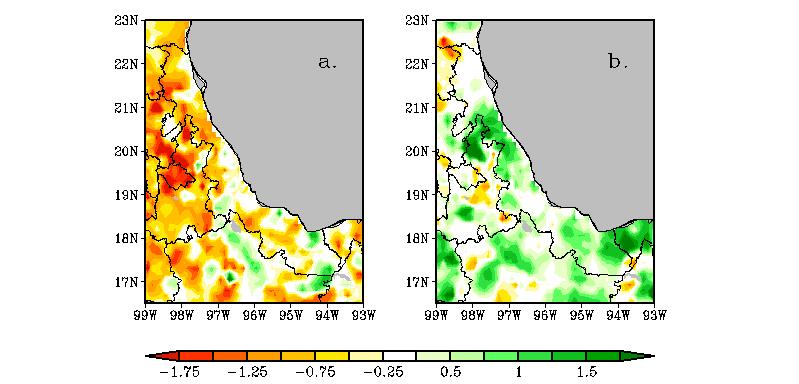Figura 3. SPI-12 durante a) El Niño (1982-1983) y b) La Niña (1998-2001). Figura 4. SPI-12 durante el año a) 1975 (PDO positiva) y b)1999 (PDO negativa). Figura 5.