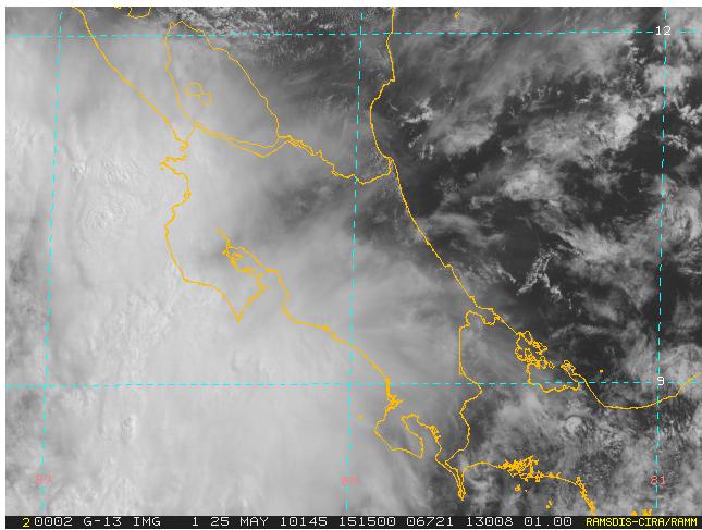 Fotografía satelital 09:15 am- 25 mayo, donde se muestra la región nubosa que está produciendo lluvias intermitentes y el límite hasta donde estas lluvias afectan al país.