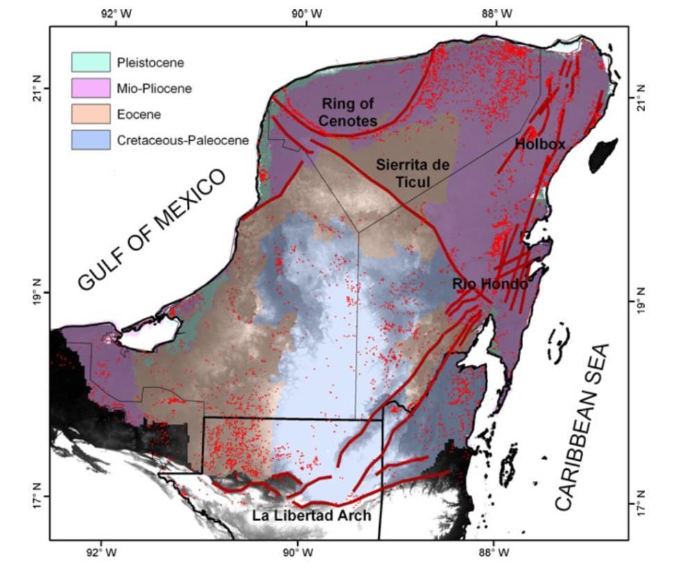 CAPÍTULO I Figura 1.6 Mapa de Yucatán mostrando la localización del anillo de cenotes y algunos ríos subterráneos. (Bauer-Gottwein et al., 2010).