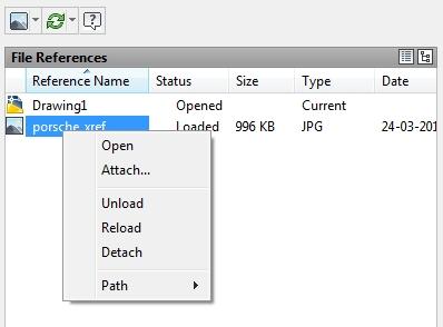 Open: abre el archivo de referencia. Attach: nos sirve para insertar la referencia. Unload: descarga el archivo de referencia, haciéndolo invisible.