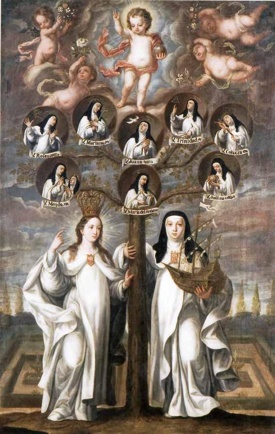 Santa María de Cervellón, Fundadora, con el auxilio de María de la Merced, sostiene el árbol de la Merced Femenina. Sus frutos son las distintas mercedarias que florecen en santidad.