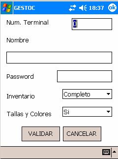 Número de visita: Nombre del operario no se usa en la versión estándar. Password: Clave de acceso a los parámetros. Inventario: Permite especificar el tipo de inventario, si completo o reducido.