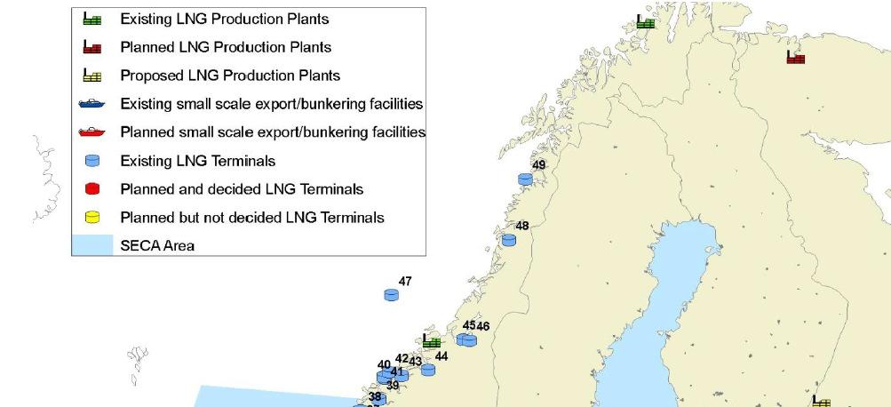 Consumo del fuel en el Norte de Europa Areas de suministro de GNL Today there is no LNG bunkering facilties available in either terminal ports.