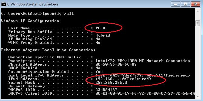 b. En la ventana cmd.exe, puede introducir comandos directamente en la PC y ver los resultados de esos comandos. Verifique la configuración de la PC mediante el comando ipconfig /all.