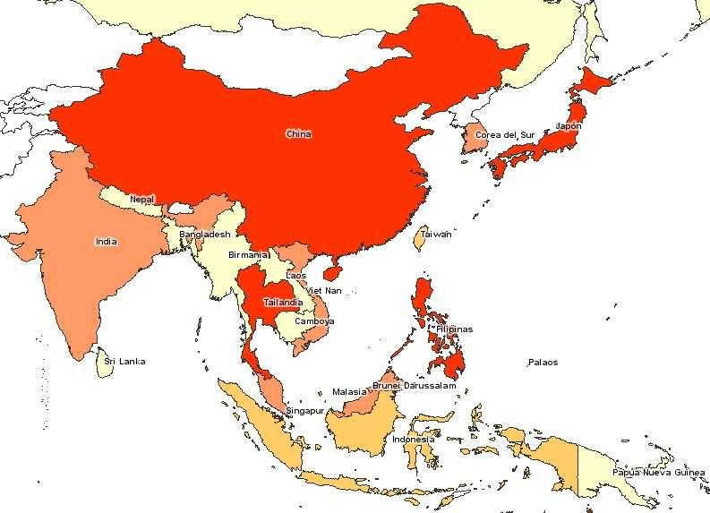 Casos confirmados de influenza A (H1N1) en Asia Nº Casos Sin casos 1-19 20-99 100-999 1000-4999 5000 - + PAIS (1) Casos Fallecidos Asia Tailandia 2,076 7 China 2,040 0 Japón 1,790 0 Filipinas 1,709 1