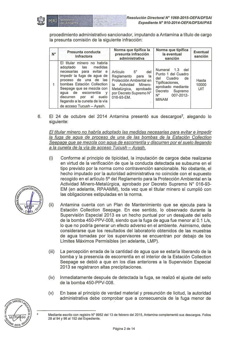 ,Resolución Directora/ Nº 1068-2015-0EFAIDFSAI Expediente N 910-2014-0EFAIDFSAI/PAS procedimiento administrativo sancionador, imputando a Antamina a título de cargo la presunta comisión de la