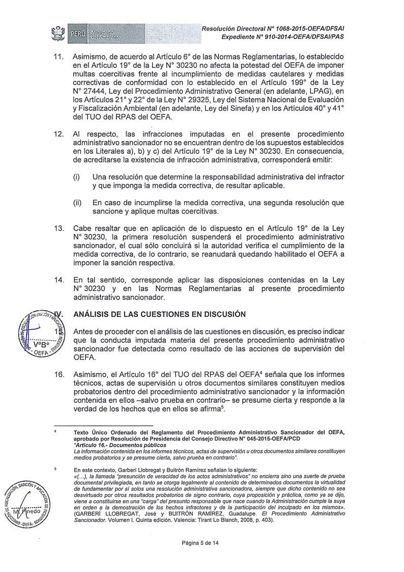 Resolución Directora/ N 1068-2015-0EFA/DFSAI Expediente Nº 910-2014-0EFAIDFSAI/PAS 11. 12.