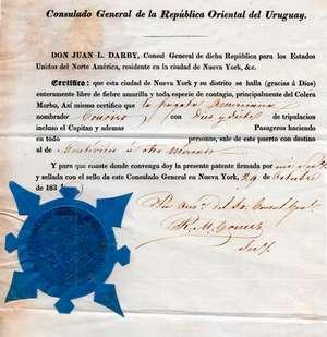 Patente de Sanidad para la Fragata Americana Counira aplicado en Consulado de Nueva York EE.UU. el 29 de octubre de 1833 en formulario pre-impreso.